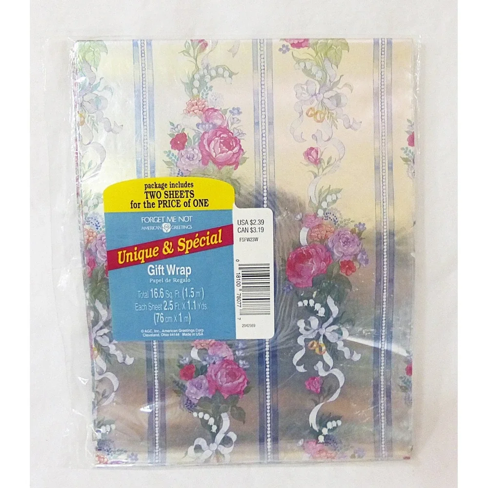 Vtg silver floral american greetings gift wrap two sheets sealed cottagecore